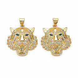 Brass Micro Pave Clear Cubic Zirconia Pendants, Nickel Free, Tiger, Real 18K Gold Plated, 25x23x5mm, Hole: 3x5mm(ZIRC-N039-201-NF)