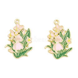 Rack Plating Alloy Enamel Pendants, Golden, Flower Charm, Misty Rose, 30x21x1.5mm, Hole: 1.8mm(FIND-A040-03G-01)