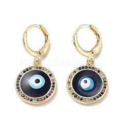 Evil Eye Real 18K Gold Plated Brass Dangle Leverback Earrings, with Enamel and Cubic Zirconia, Evil Eye, 30.5x14.5mm(EJEW-L269-011G-03)