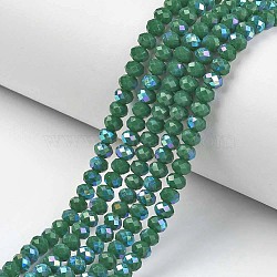 Electroplate Opaque Solid Color Glass Beads Strands, Half Rainbow Plated, Faceted, Rondelle, Green, 8x6mm, Hole: 1mm, about 65~68pcs/strand, 15.7~16.1 inch(40~41cm)(EGLA-A034-P8mm-L05)