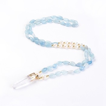 Natural Aquamarine and Natural Quartz Crystal Pendant Necklaces, with Pearl and Brass Findings, Bullet, 31.5 inch~32.3 inch(80~82cm), Pendant: 45~55x15x10mm