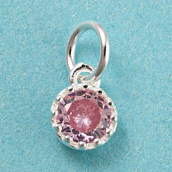 925 Sterling Silver Charms, with Cubic Zirconia, Faceted Flat Round, Silver, Pink, 7x5x2.5mm, Hole: 3mm
