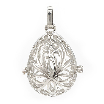 Rack Plating Brass Cage Pendants, For Chime Ball Pendant Necklaces Making, Hollow Teardrop with Flower, Platinum, 34x27x22mm, Hole: 3mm, inner measure: 24x18mm