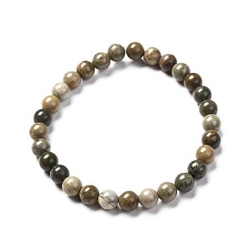 Natural Silver Leaf Jasper Round Beads Stretch Bracelet for Men Women, Bead: 7mm, Inner Diameter: 2-1/8 inch(5.5cm)