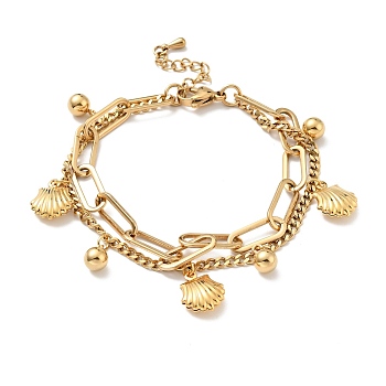 Shell Shape and Round Ball Charm Multi-strand Bracelet, Vacuum Plating 304 Stainless Steel Double Layered Chains Bracelet for Women, Golden, 7-1/2 inch(19cm)
