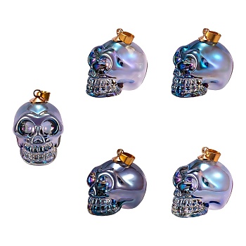 5Pcs Electroplate K9 Glass Pendants, with Golden Plated Brass Bails, Skull, Halloween, Silver, 25x26~27x19mm, Hole: 5x3mm