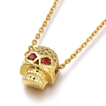 Brass Micro Pave Cubic Zirconia Pendant Necklaces, for Halloween, with 304 Stainless Steel Cable Chains, Skull, Red, Golden, 17.91 inch(45.5cm)