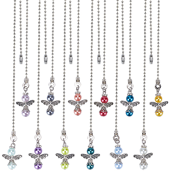 Pearlized Glass & Tibetan Style Alloy Ceiling Fan Pull Chain Extenders, Angel Pendant Decoration, with Iron Ball Chains, Mixed Color, 350mm, 12 colors, 1pc/color, 12pcs/set