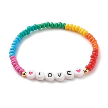 Word LOVE Stretch Bracelets, Brass & Opaque Acrylic & Baking Paint Glass Seed Beaded Bracelets, Colorful, 0.4~0.7cm, Inner Diameter: 2-1/4 inch(5.7cm)