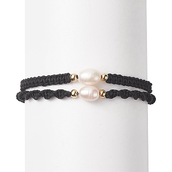 2Pcs 2 Style Natural Pearl Braided Bead Bracelets Set with Nylon Cord for Women, Black, 2 inch(5cm)~2-1/4 inch(5.6cm), 1Pc/style