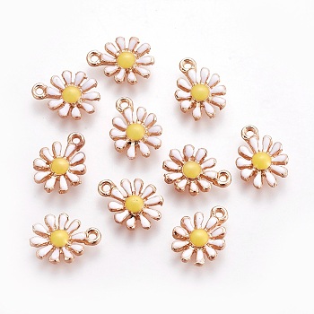 Alloy Enamel Pendants, Chrysanthemum, Light Gold, White, 13x16x3mm, Hole: 1.4mm