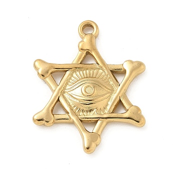 304 Stainless Steel Pendants, Star of David with Eye Charm, Golden, 25x20x2.5mm, Hole: 1.8mm