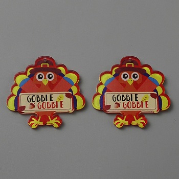 Thanksgiving Day Opaque Acrylic Pendants, Turkey with Word Gobbie Charm, Red, 39x39.5x2.2mm, Hole: 1.5mm