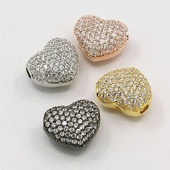 Hollow Heart Brass Cubic Zirconia Beads, Mixed Color, 12x13.5x8mm, Hole: 1mm