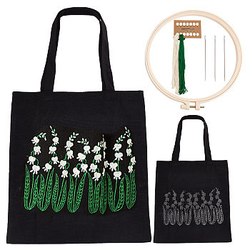 DIY Ethnic Style Embroidery Black Canvas Bags Kits, Including Plastic Imitation Bamboo Embroidery Hoop, Needle, Threads, Fabric, May Lily of the Valley, 640mm