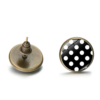 Alloy Stud Earrings with Ear Nuts, Glass Flat Round Polka Dot Ear Studs for Women, Black, 12mm