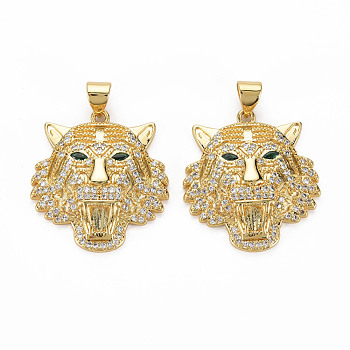 Brass Micro Pave Clear Cubic Zirconia Pendants, Nickel Free, Tiger, Real 18K Gold Plated, 25x23x5mm, Hole: 3x5mm