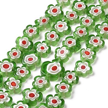 Handmade Millefiori Glass Bead Strands, Flower, Lime Green, 10x2.6mm, Hole: 1mm, about 42pcs/strand, 15.75 inch(40cm)