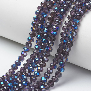 Electroplate Glass Beads Strands, Half Plated, Blue Plated, Faceted, Rondelle, Indigo, 4x3mm, Hole: 0.4mm, about 123~127pcs/strand, 16.5~16.9 inch(42~43cm)