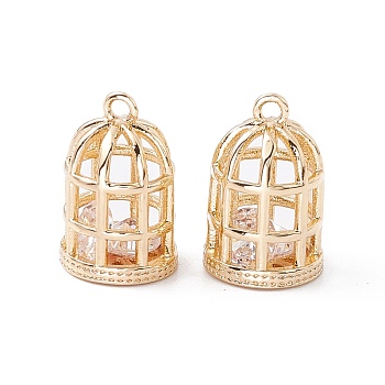 Brass Micro Pave Cubic Zirconia Pendants, Cadmium Free & Lead Free, Clear, Bird Cage, Golden, 15x9.5mm, Hole: 1.4mm