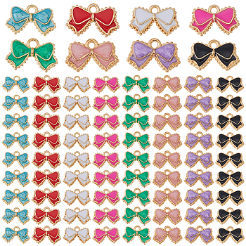 80Pcs 8 Colors Alloy Enamel Pendants, Bowknot, Light Gold, Mixed Color, 9.7~10x15.3~16x2mm, Hole: 1.4~1.6mm, 10pcs/color