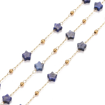 Ion Plating(IP) 304 Stainless Steel Satellite Chains, with Natural Lapis Lazuli Star Beaded, Unwelded, with Spool, Golden, 4x4x2mm