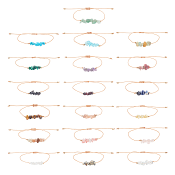 19Pcs 19 Styles Natural & Synthetic Mixed Gemstone & Glass Chips Braided Bead Bracelets Set for Women, Inner Diameter: 3-3/4 inch(9.45cm), 1Pc/style