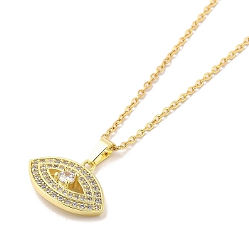 304 Stainless Steel Pendant Necklaces, Brass Micro Pave Cubic Zirconia Pendant Necklaces, Horse Eye, 17.91 inch(45.5cm), 15x20.5mm