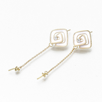Brass Micro Pave Clear Cubic Zirconia Stud Earring Findings, with White Enamel, For Half Drilled Beads, Nickel Free, Vortex Kite Shape, Real 18K Gold Plated, 56x15.5mm, pin: 0.7mm, pin: 0.7mm(for half drilled beads).