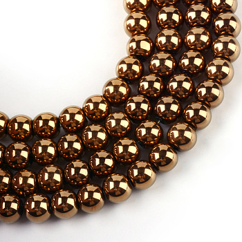 Electroplate Transparent Glass Beads Strands, Round, Copper Plated, 7.5x8.5mm, Hole: 1mm, about 104pcs/strand, 30.3 inch