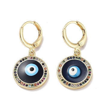 Evil Eye Real 18K Gold Plated Brass Dangle Leverback Earrings, with Enamel and Cubic Zirconia, Evil Eye, 30.5x14.5mm