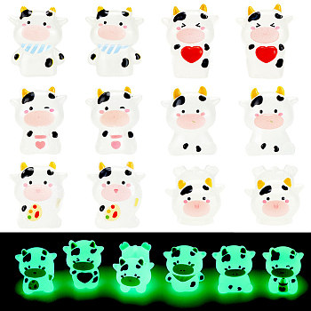 12Pcs 6 Styles Luminous Plastic Cow Display Decoration, for Home Garden Desktop Decoration, Glow in the Dark, Mixed Color, 16~17.5x12~16x14~21mm, 2pcs/style