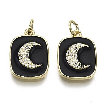 Brass Micro Pave Clear Cubic Zirconia Pendants, with Enamel and Jump Ring, Rectangle with Moon, Real 16K Gold Plated, Nickel Free, Black, 17.5x13x3mm, Jump Ring: 5x1mm, 3mm inner diameter