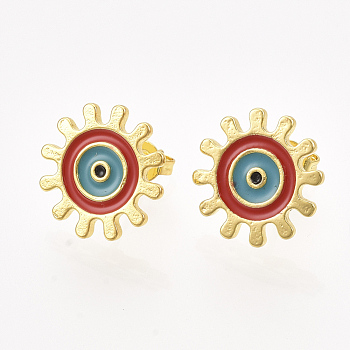 Brass Stud Earrings, with Enamel and Ear Nuts, Sun with Evil Eye, Red, 14mm, Pin: 0.8mm
