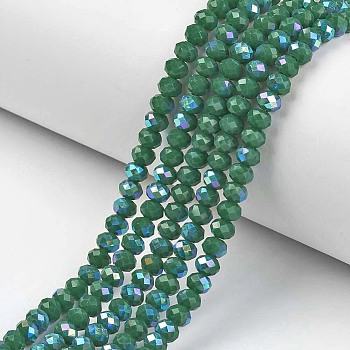 Electroplate Opaque Solid Color Glass Beads Strands, Half Rainbow Plated, Faceted, Rondelle, Green, 8x6mm, Hole: 1mm, about 65~68pcs/strand, 15.7~16.1 inch(40~41cm)