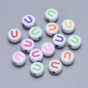 Craft Acrylic Horizontal Hole Letter Beads, Flat Round, Mixed Color, Letter.U, 7x3.5~4mm, Hole: 1.5mm, about 3600pcs/500g