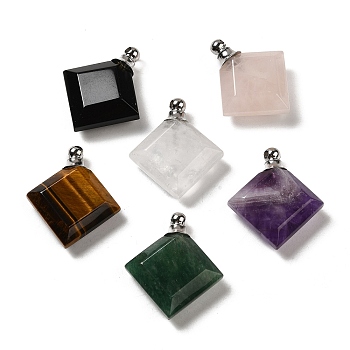 Natural Mixed Gemstone Perfume Bottle Pendants, Faceted Rhombus Charms with Stainless Steel Color Tone 304 Stainless Steel Findings, 31x27~27.5x8.5~10mm, Hole: 2mm