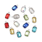 Glass Charms, with 201 Stainless Steel Settings, Faceted, Mixed Color, Stainless Steel Color, Rectangle, 9x5.5x3.5mm, Hole: 1.2mm(STAS-P437-15F-P)