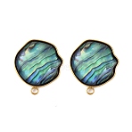 304 Stainless Steel Pave Natural Paua Shell Stud Earring Findings, Flat Round, Ion Plating(IP), Real 18K Gold Plated, 21x18mm, Hole: 1.6mm, Pin: 1mm(X-STAS-Z125-03G)