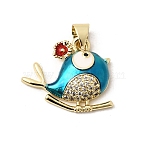Brass Micro Pave Cubic Zirconia Pendants, with Enamel, Long-Lasting Plated, Rack Plating, Lead Free & Cadmium Free, Bird Charms, Real 18K Gold Plated, Blue, 15.5x19x4mm, Hole: 4.5x3.5mm(KK-H267-073G-02)