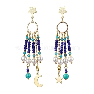Glass Seed Beads & Shell Pearl Chandelier Earrings, Moon & Star Stainless Steel Tassel Earrings for Women, Golden, 83~88x13mm(EJEW-TA00488)