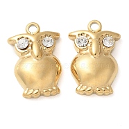 304 Stainless Steel with Rhinestone Pendants, Manual Polishing, Ion Plating(IP), Owl, Golden, 15.5x10.5x4mm, Hole: 1.6mm(STAS-Q345-42G)