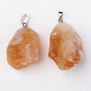 Natural Citrine Pendants, Nuggets, with Brass Findings, Platinum, 26~42x20~26x14~22mm, Hole: 5x8mm(G-G884-A01)