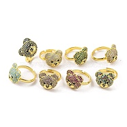 Bear Brass Micro Pave Cubic Zirconia Open Cuff Ring for Women, Real 18K Gold Plated, Mixed Color, Bear: 17.5x15.5mm(RJEW-U003-22)