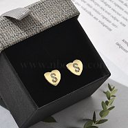 Rack Plating Brass Micro Pave Clear Cubic Zirconia Stud Earrings, Heart, Letter S, 8.5x9.5mm(EJEW-K299-01G-S)