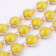 Opaque Glass Beads Strands, with Brass Findings, Faceted, Flat Round, Golden, Gold, 14x9mm, Hole: 1mm, about 10pcs/strand, 7.4 inch (19cm)(EGLA-K013-04A)
