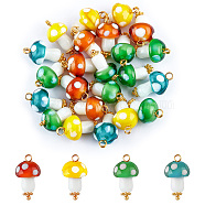 50Pcs Handmade Lampwork Pendants, with Golden Plated Brass Loops, Mushroom, Mixed Color, 18.5~19x10~11mm, Hole: 1.6~2mm(FIND-FH0005-02)