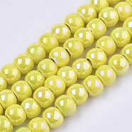 Electroplate Porcelain Beads, Handmade Bright Glazed Porcelain, AB Color Plated, Round, Yellow, 7x6mm, Hole: 2.5mm, 26.38 inch~27.16 inch(67~69cm), about 120~121pcs/Strand(PORC-N005-04J)