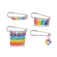 Iron Brooches, Transparent Glass Pendant Kilt Pins, Colorful, 25~42x40x5mm, 4pcs/set(JEWB-BR00160)