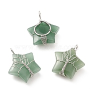 Natural Green Aventurine Pendants, with Platinum Tone Copper Wire Wrapped, Cadmium Free & Lead Free, Star, 34~37.5x29~31x10~12mm, Hole: 5~6mm(G-D458-04P-05-RS)